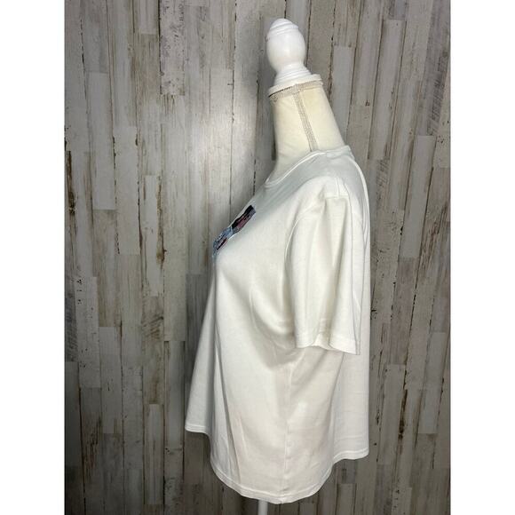 Talbots Women's Short Sleeve Tee White USA Crew Neck Patchwork Size Large - Picture 4 of 5